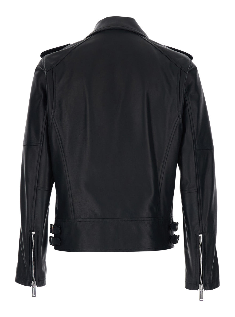 Black Leather Jacket with Three Zip Pockets for Men Outerwear