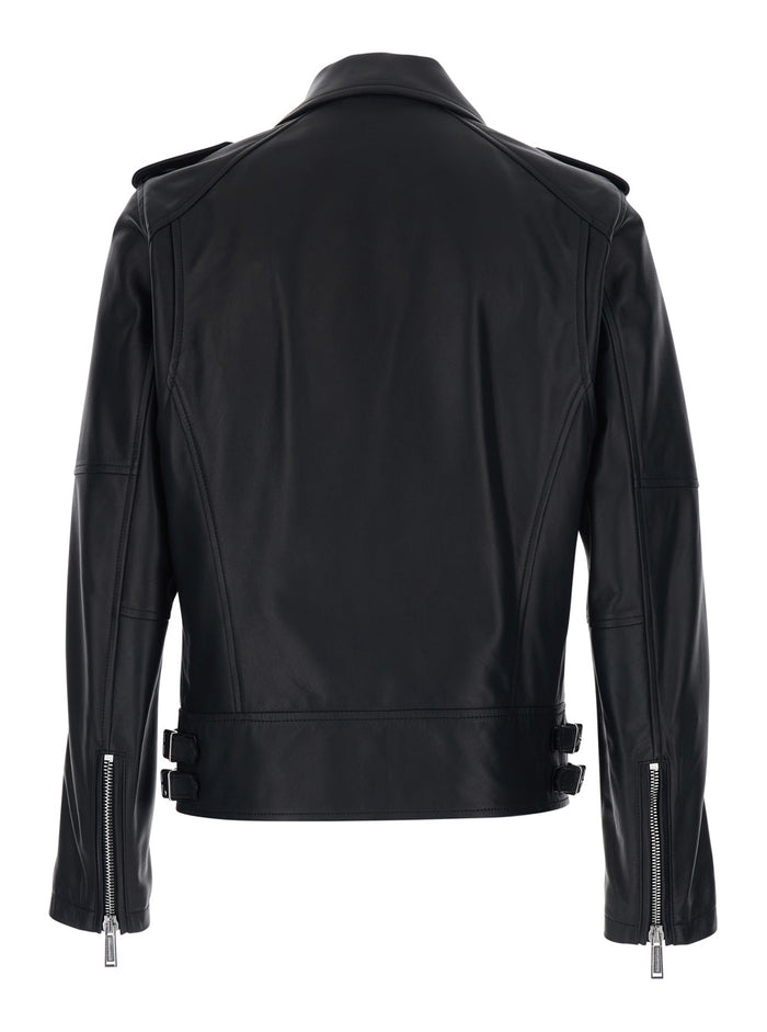 Black Leather Jacket with Three Zip Pockets for Men Outerwear