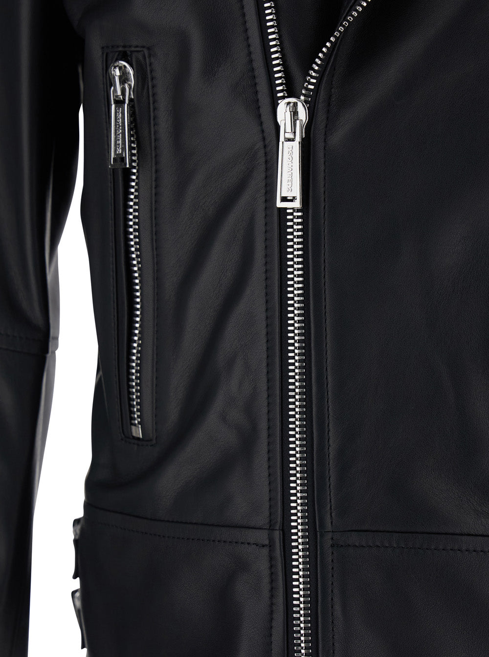 Black Leather Jacket with Three Zip Pockets for Men Outerwear