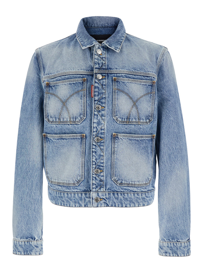 Mens 70s Jacket with Classic Collar and Four Front Pockets in Light Blue Denim Cotton Outerwear