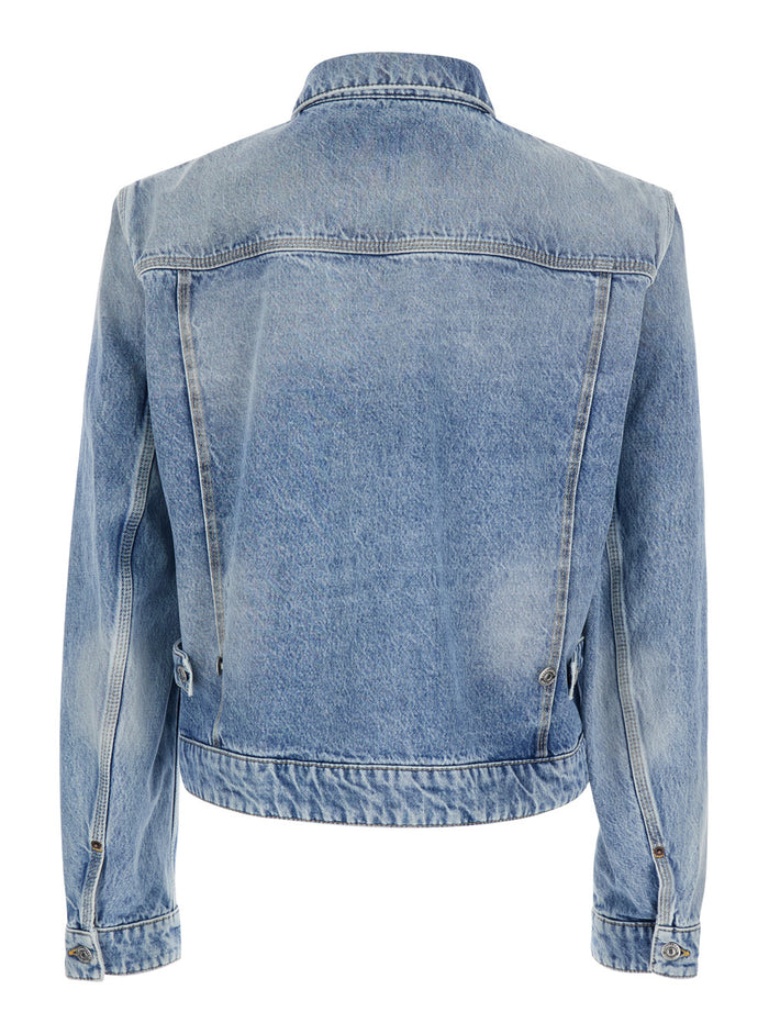Mens 70s Jacket with Classic Collar and Four Front Pockets in Light Blue Denim Cotton Outerwear