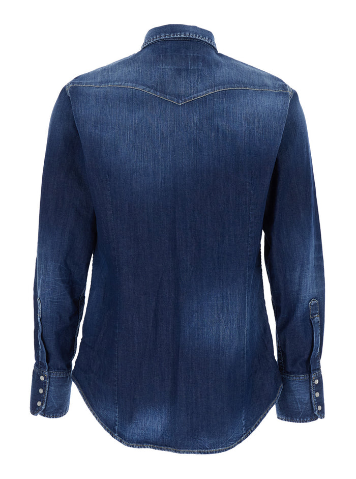 Classic Collar Shirt with Two Front Pockets in Blue Denim for Men Blu Cotton Elastane And Blouses