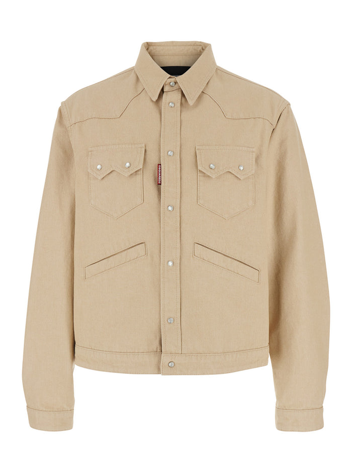 Beige Cotton Jacket with Classic Collar and Applied Pockets for Men Outerwear
