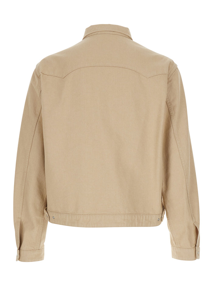 Beige Cotton Jacket with Classic Collar and Applied Pockets for Men Outerwear