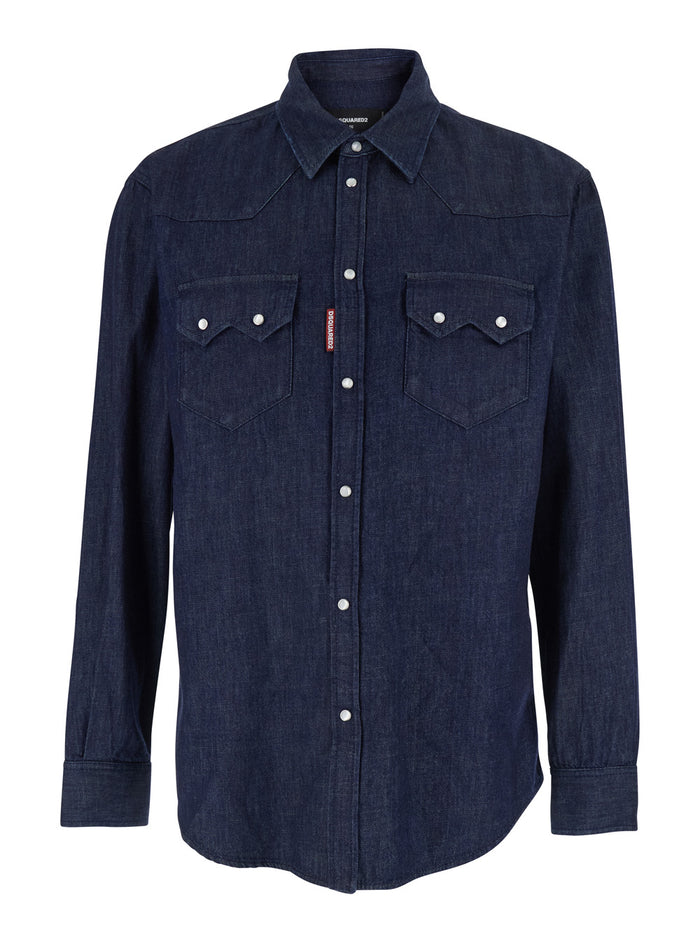 Blue Denim Shirt with Classic Collar and Two Applied Pockets for Men Blu Cotton Blouses