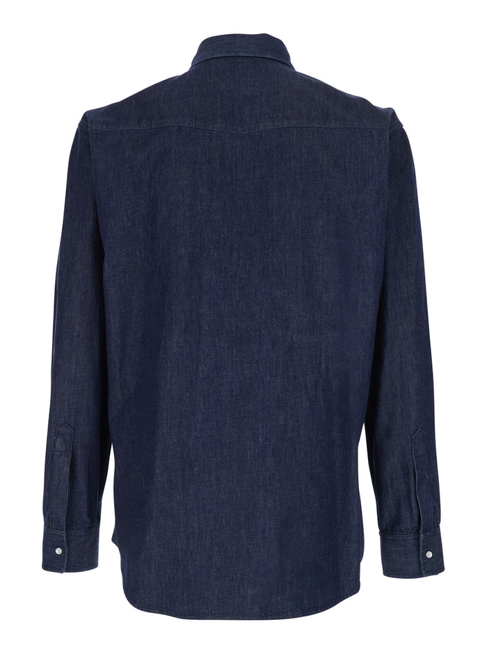 Blue Denim Shirt with Classic Collar and Two Applied Pockets for Men Blu Cotton Blouses