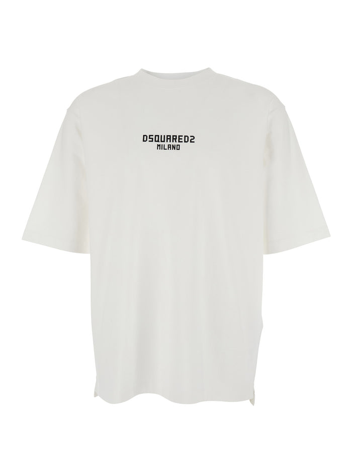 T-shirt DSQUARED2 with Logo Print on the Front in White Cotton for Men Tshirts And Polo Shirts