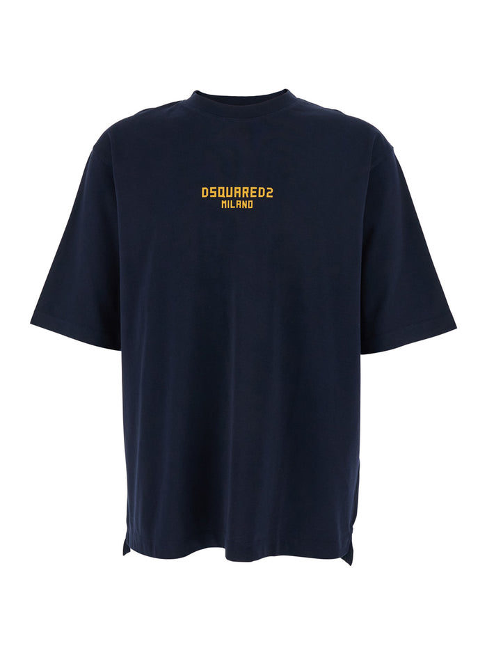 Blue T-shirt with Logo Print on the Front for Men Blu Cotton Tshirts And Polo Shirts