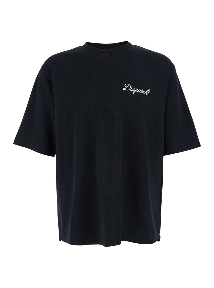Black DSQUARED2 T-shirt with Embroidered Logo on Chest for Men Cotton Tshirts And Polo Shirts