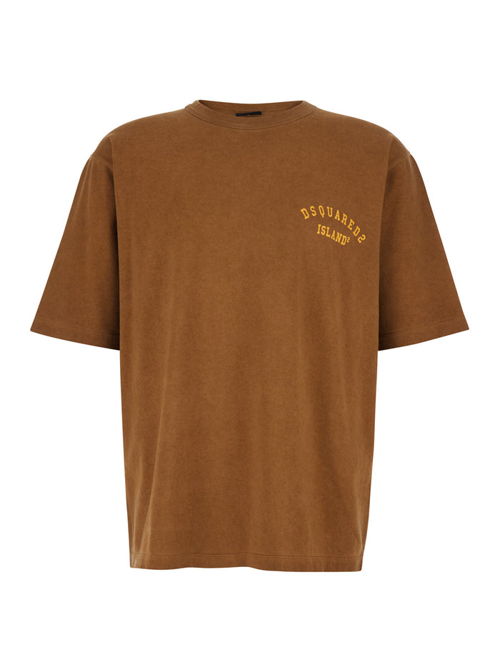 T-shirt DSQUARED2 with Logo Print on the Front in Brown Cotton for Men Tshirts And Polo Shirts