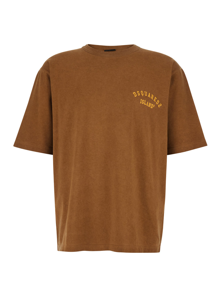 T-Shirt With Logo Print Brown Cotton T-shirts
