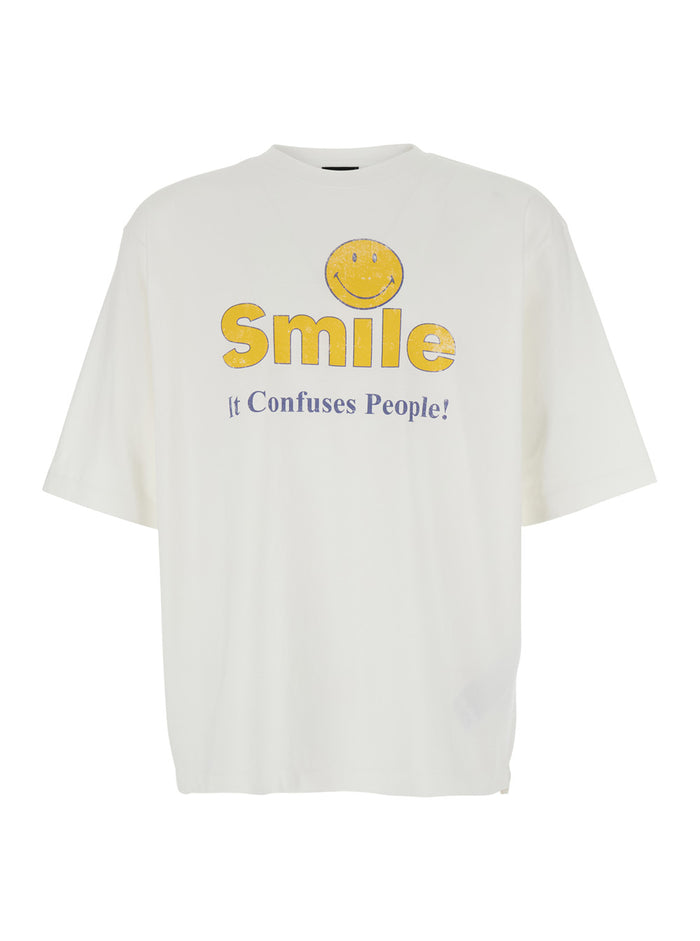 Mens White Cotton Crew Neck T-Shirt with Front Print Tshirts And Polo Shirts