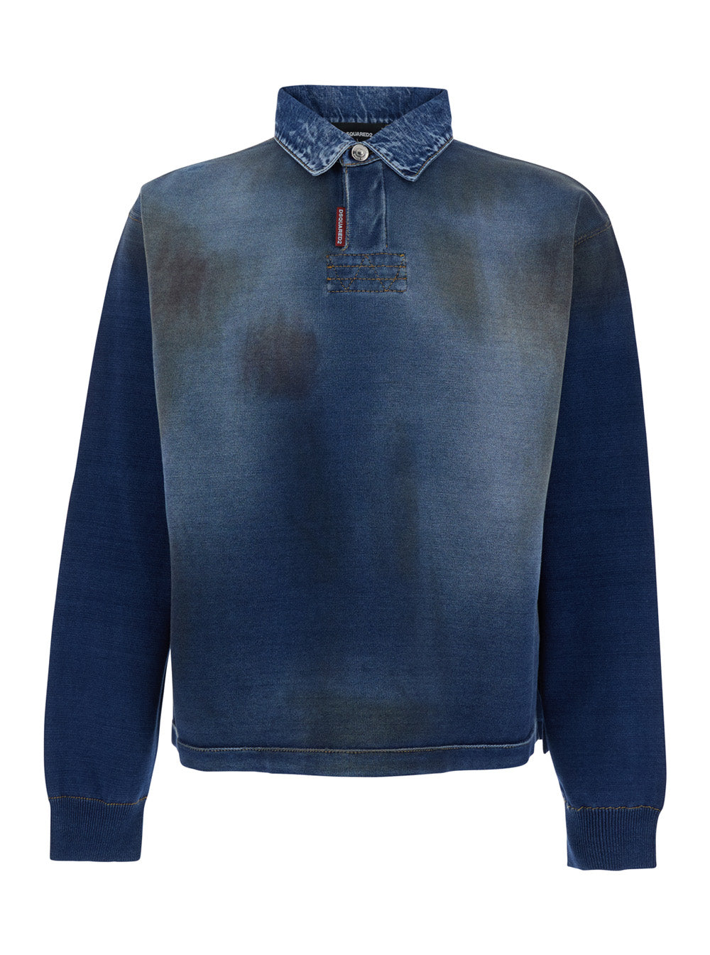 Blue Cotton Polo Collar Sweatshirt with Distressed Effect for Men Blu Sweatshirts