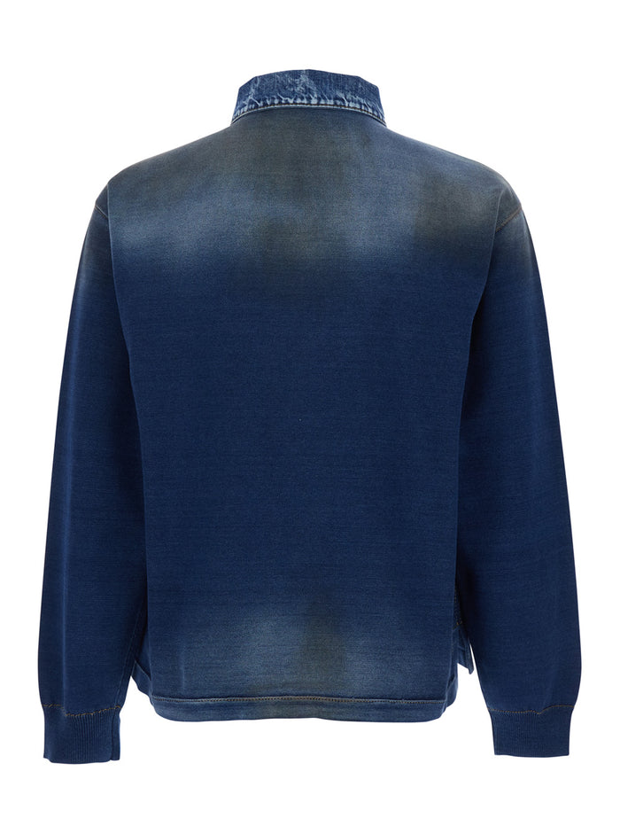 Blue Cotton Polo Collar Sweatshirt with Distressed Effect for Men Blu Sweatshirts