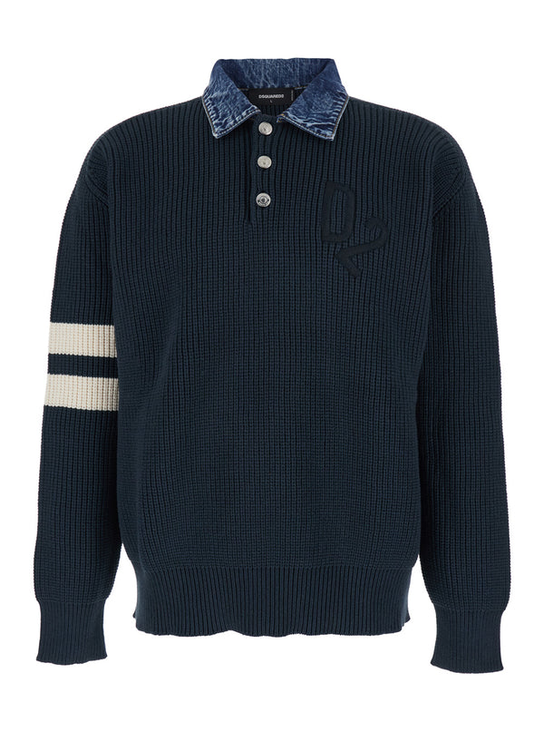 Sweater With Denim Collar, Blue Cotton Tops