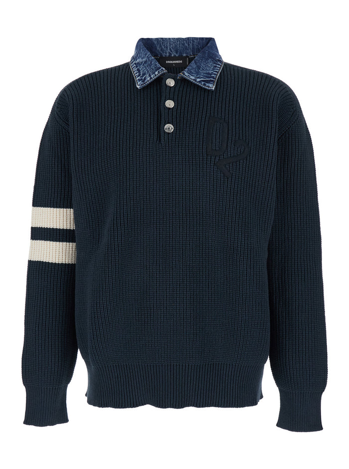 Sweater with Denim Collar and Logo Embroidery on Front in Blue Cotton Blend for Men Blu Polyamide Jersey
