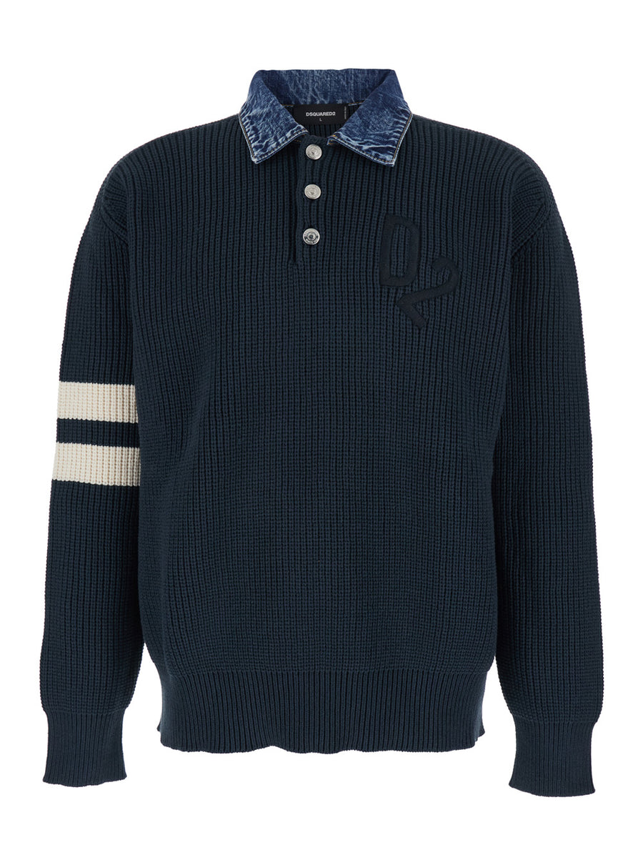 Sweater With Denim Collar, Blue Cotton Tops
