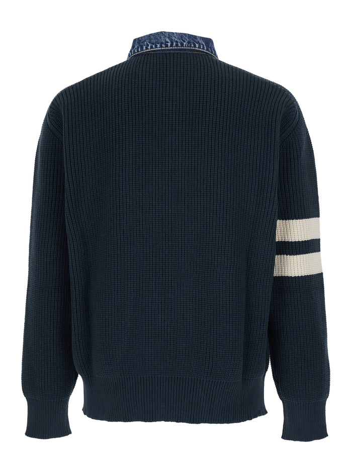 Sweater with Denim Collar and Logo Embroidery on Front in Blue Cotton Blend for Men Blu Polyamide Jersey