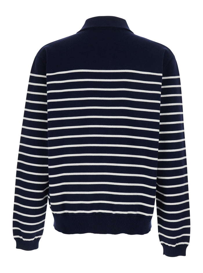 Long Sleeve Polo with Logo Embroidery on the Front and All-Over Stripes in Blue Cotton for Men Blu Jersey
