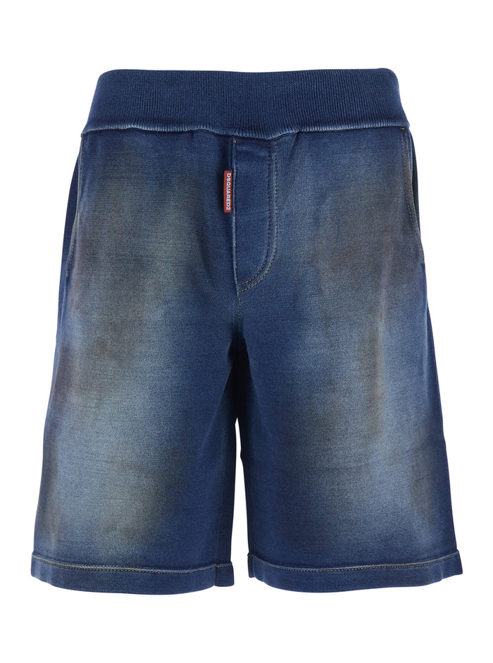 Blue Cotton Shorts with Elastic Waist and Worn Effect for Men Blu Bermuda