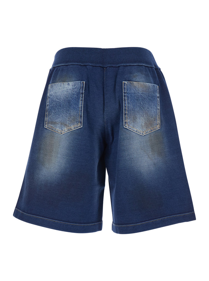Blue Cotton Shorts with Elastic Waist and Worn Effect for Men Blu Bermuda