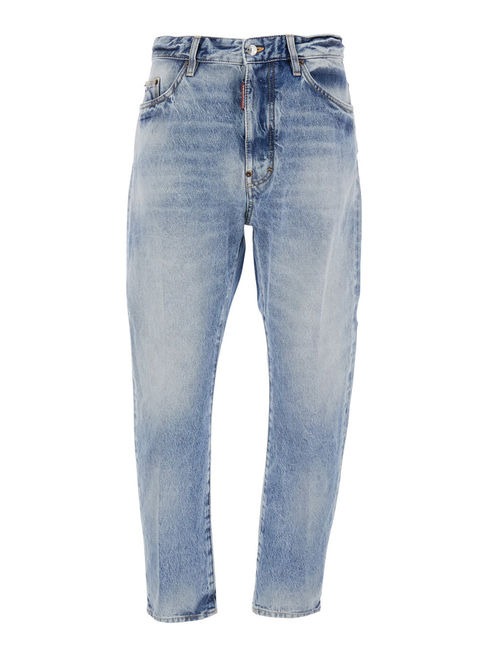 Jeans Bro with Logo Patch on the Back and Faded Design in Blue Denim for Men Light Cotton