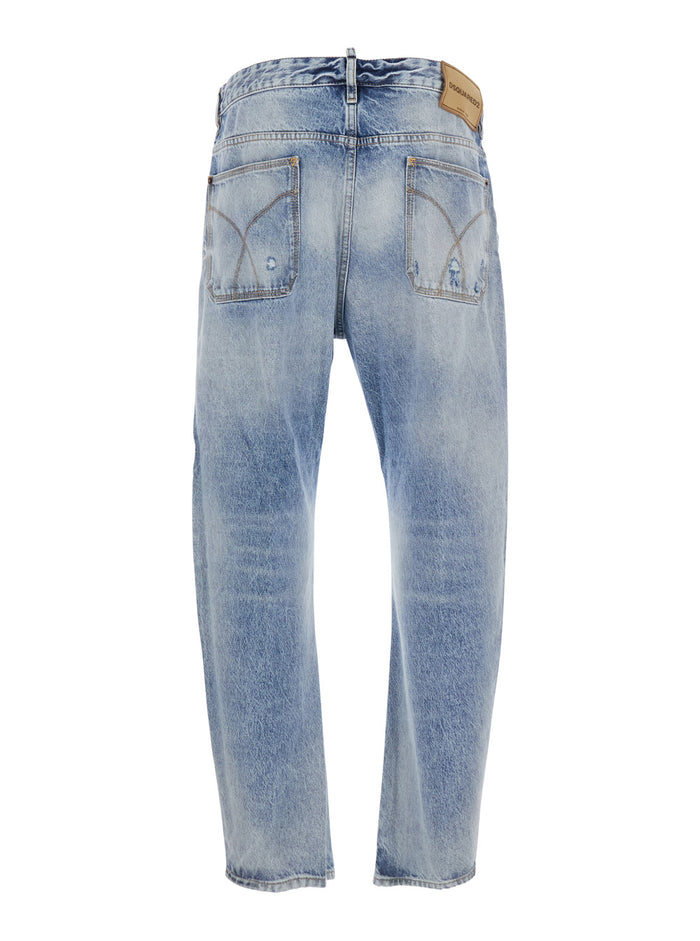 Jeans Bro with Logo Patch on the Back and Faded Design in Blue Denim for Men Light Cotton