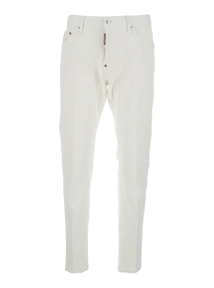 Five-pocket jeans with logo patch on the back in white cotton for men Elastane