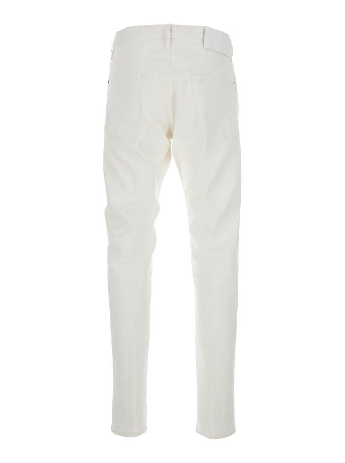 Five-pocket jeans with logo patch on the back in white cotton for men Elastane