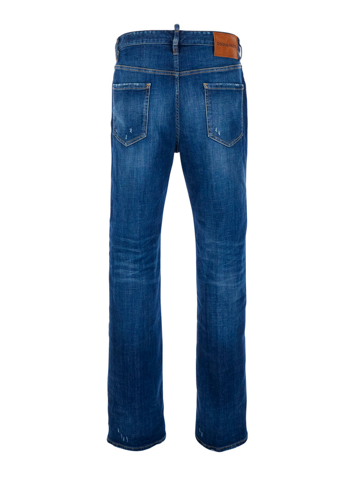Blue Denim Jeans with Ripped Details and Logo Patch on the Back for Men Blu Cotton Polyester Elastane