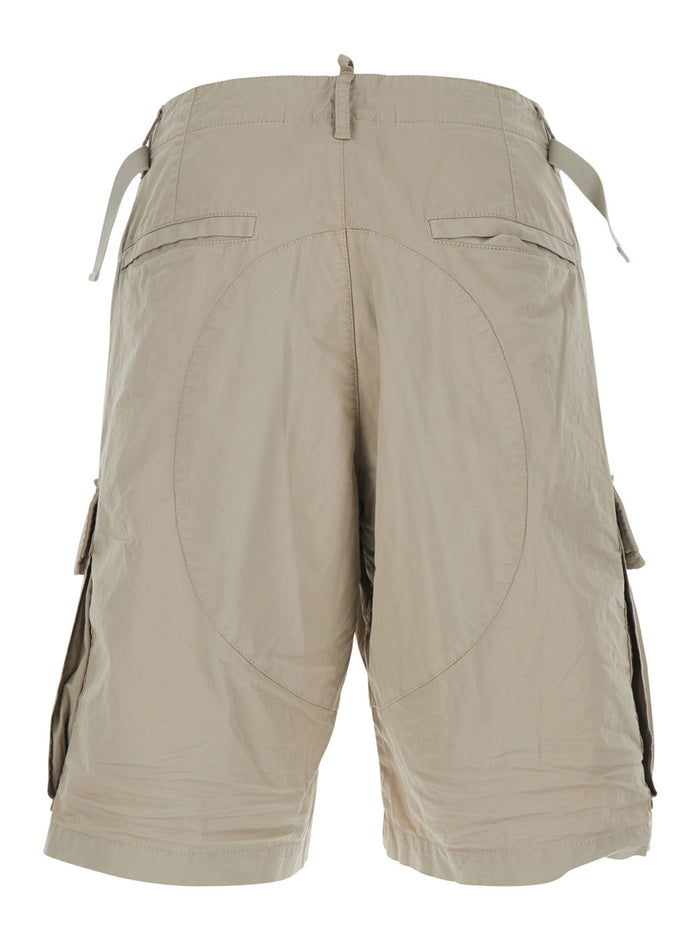 Beige Shorts with Wide Leg and Four Pockets Flap Button in Stretch Cotton for Men Elastane Bermuda