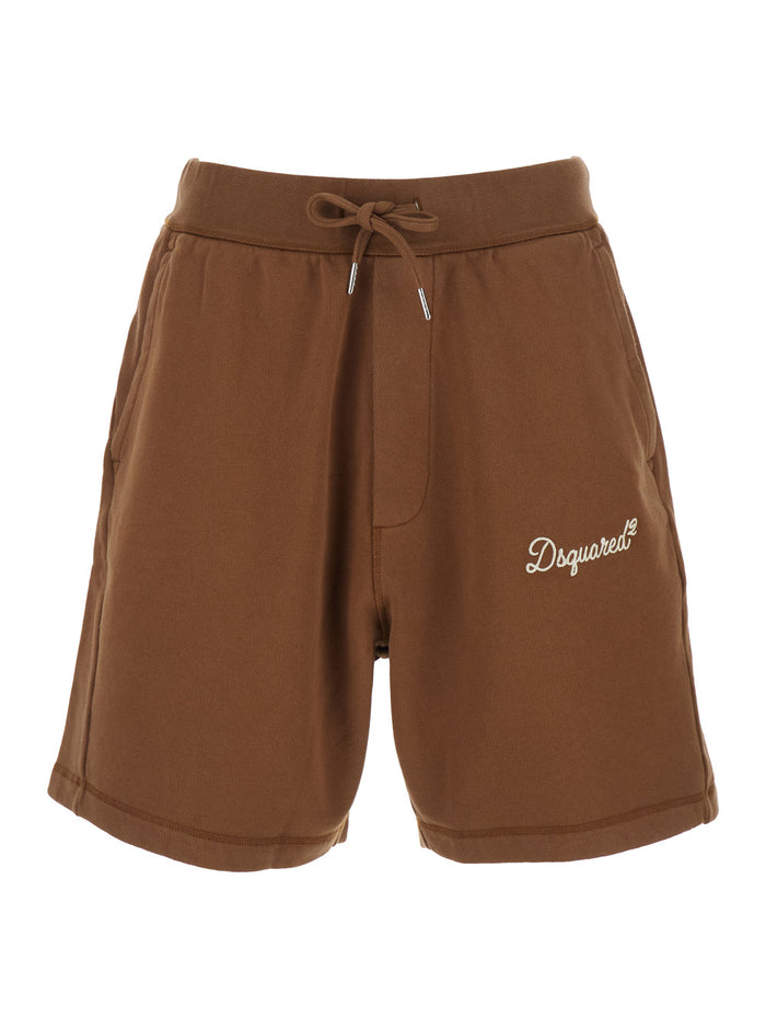DSQUARED2 Shorts with Drawstring Waist and Logo Lettering on the Front in Brown Cotton for Women Bermuda