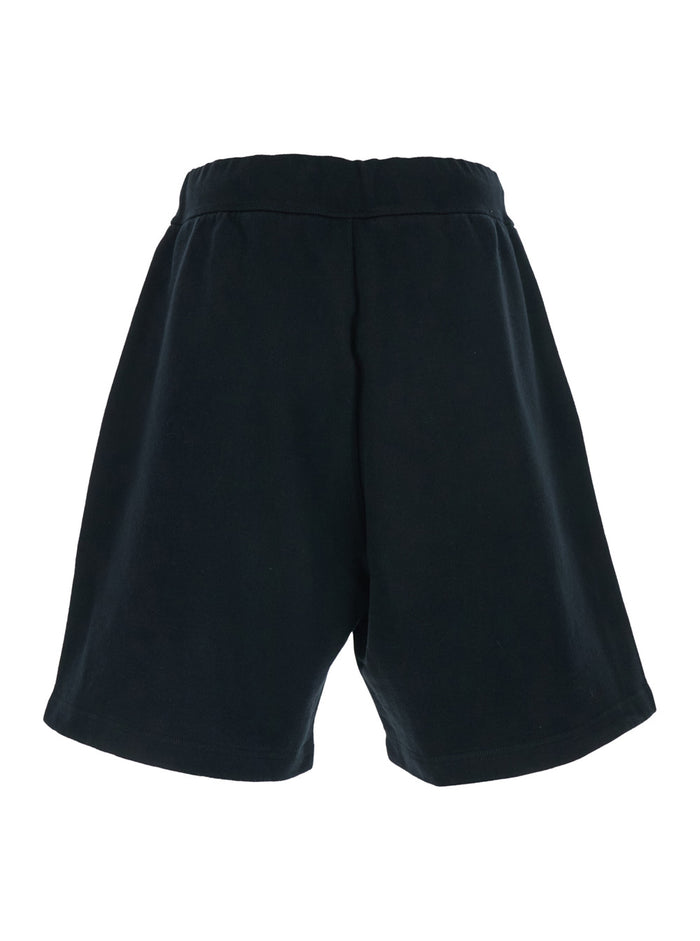 Mens Logo Shorts with Drawstring Waist and Front Lettering in Black Cotton Bermuda