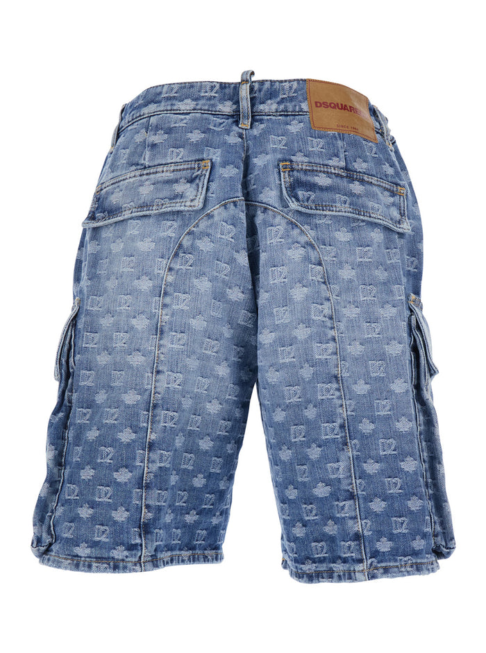 Mens Blue Denim Five-Pocket Shorts with All-Over Monogram Logo and Two Cargo Pockets Blu Cotton Bermuda