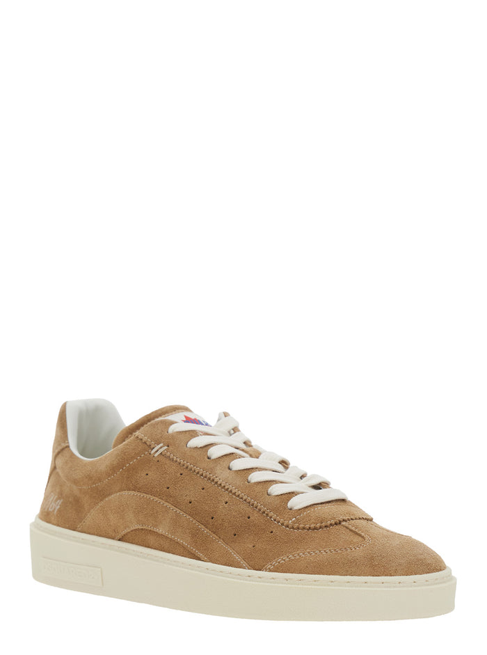 Beige Suede Low Top Sneakers with Logo Patch on Tongue and Lettering Heel for Men Calf