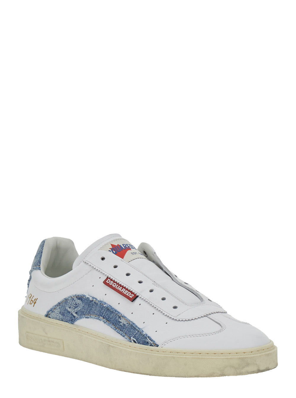 Low Top Sneaker DSQUARED2 with Denim Inserts and Worn Leather Design for Men White Calf Polyamide