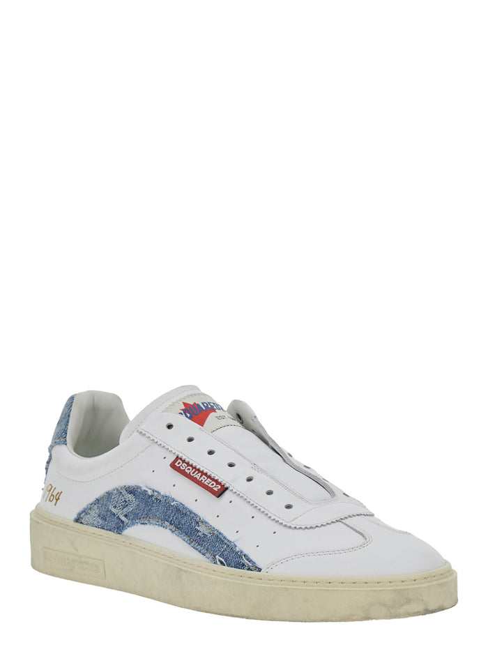 Low Top Sneaker DSQUARED2 with Denim Inserts and Worn Leather Design for Men White Calf Polyamide
