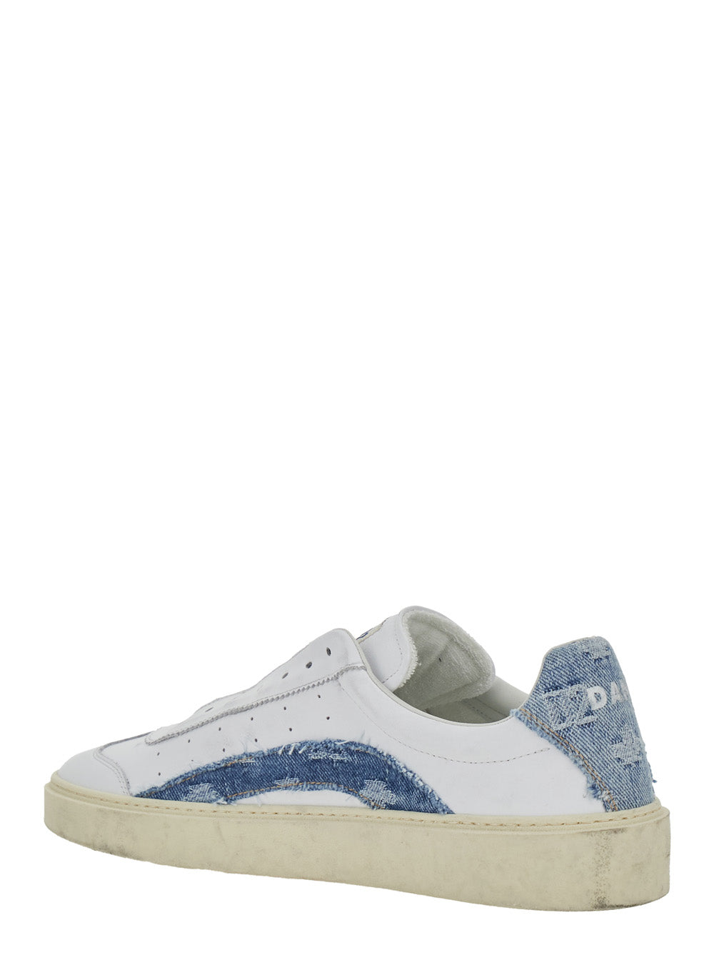 Low Top Sneaker DSQUARED2 with Denim Inserts and Worn Leather Design for Men White Calf Polyamide