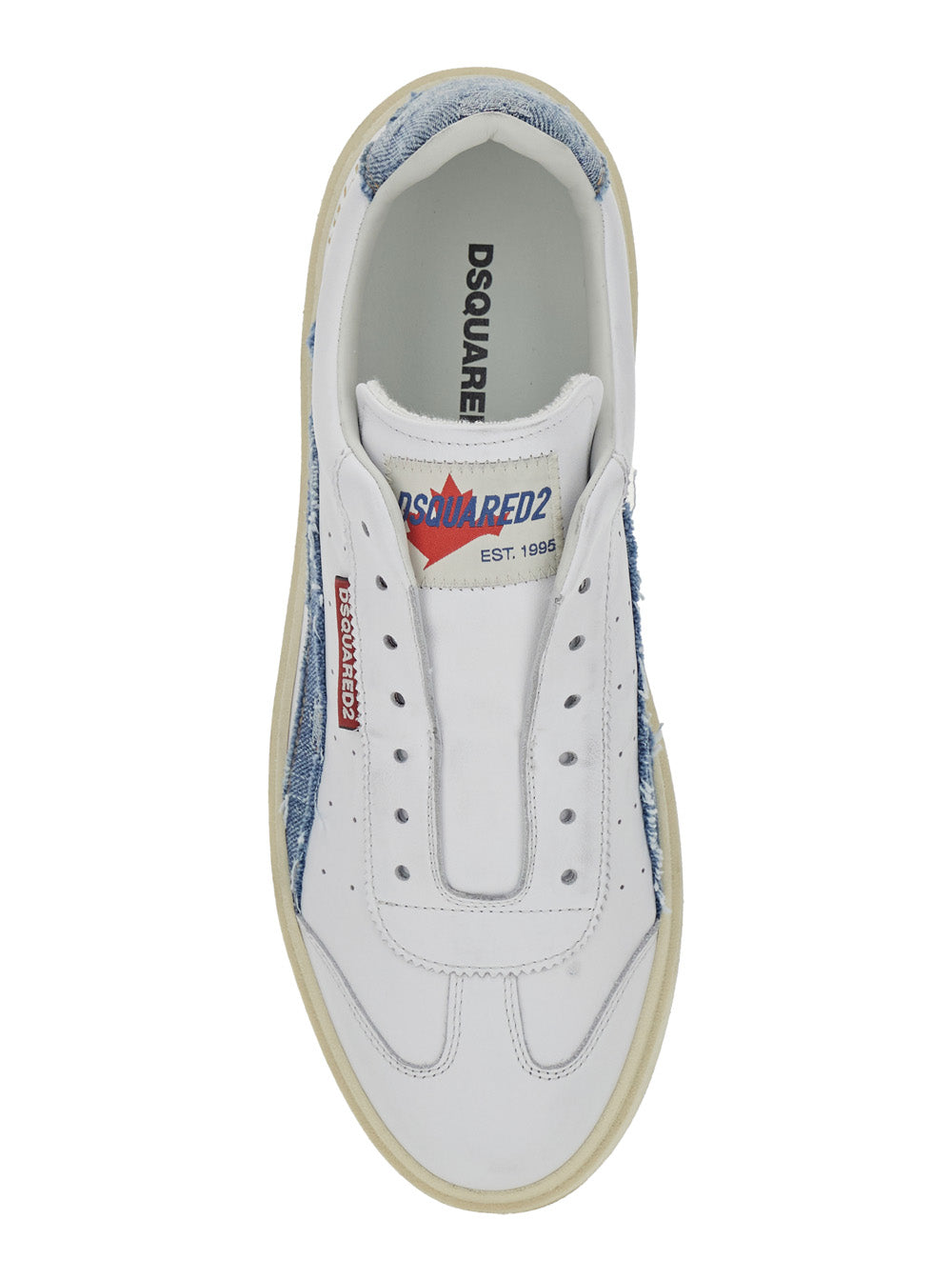 Low Top Sneaker DSQUARED2 with Denim Inserts and Worn Leather Design for Men White Calf Polyamide