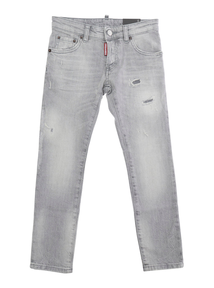 Gray Jeans with Five-Pocket Design and Logo Patch on the Back in Cotton Kids Grey Elastane
