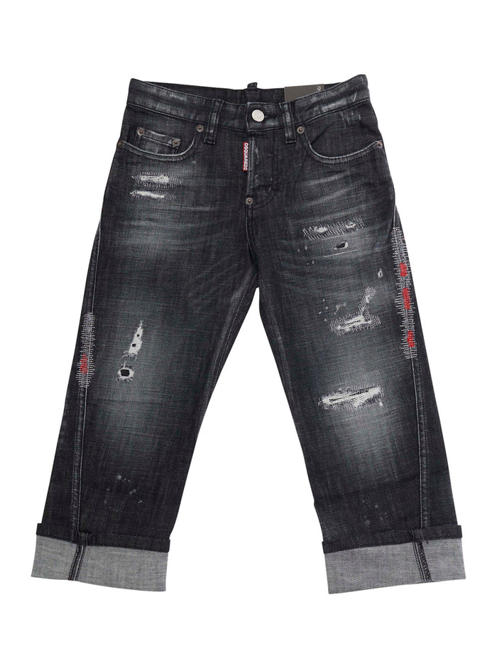 Kawaii Jeans with Ripped Details and Cuffed Hem in Black Denim for Girls Cotton Elastane