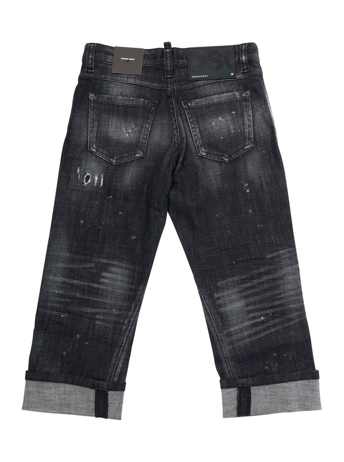 Kawaii Jeans with Ripped Details and Cuffed Hem in Black Denim for Girls Cotton Elastane
