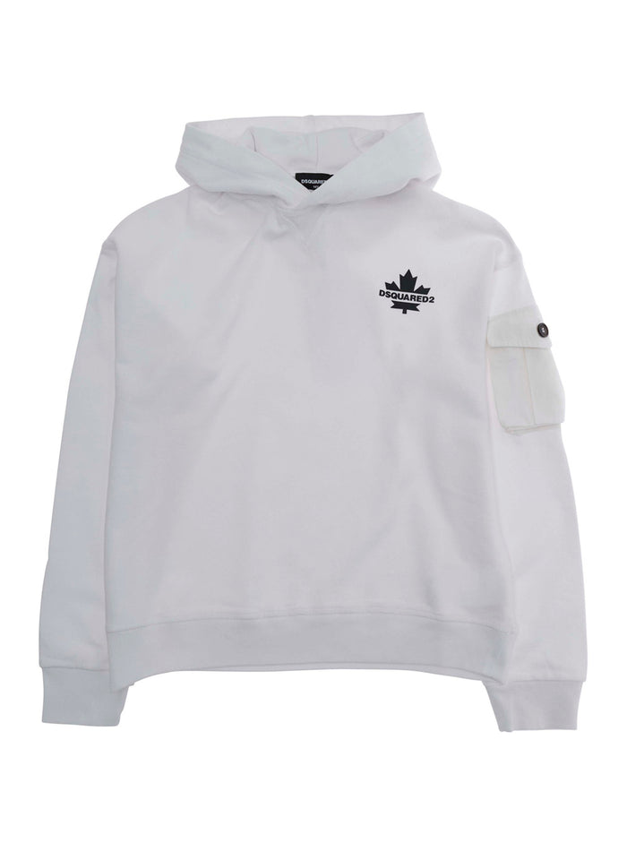 Hooded Sweatshirt with Fixed Hood and Logo Detail on the Front in White Cotton for Kids Sweatshirts