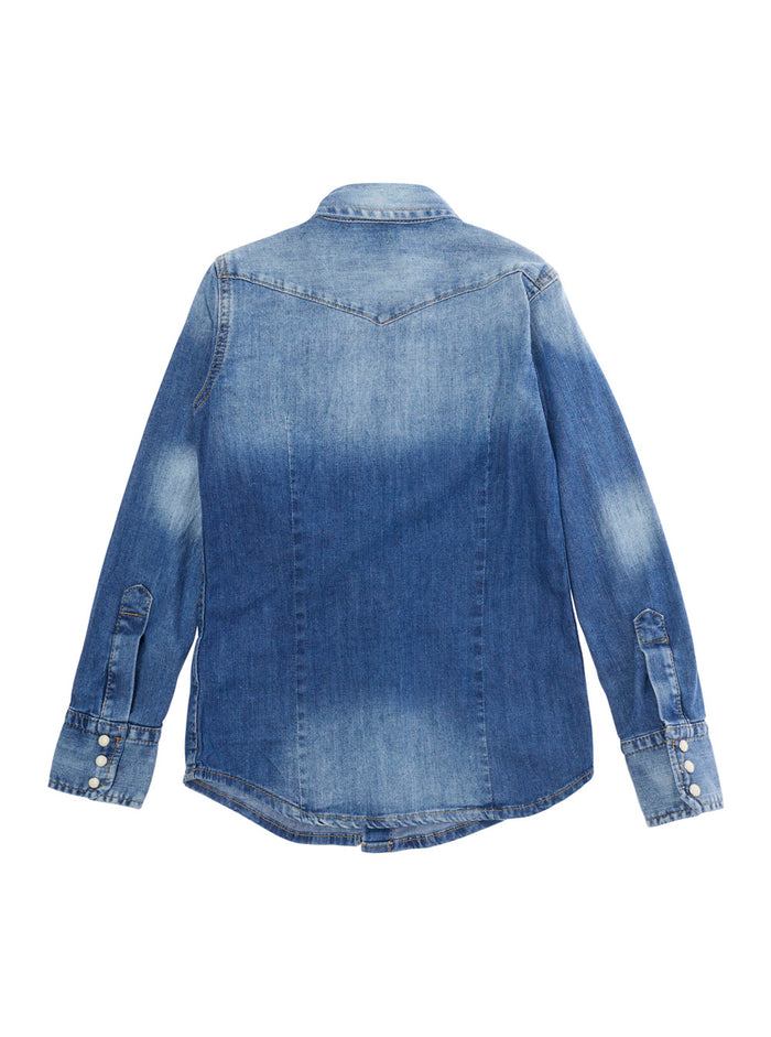 Blue Shirt with Classic Collar and Logo Patch on the Front in Denim for Kids Blu Cotton Elastane Blouses
