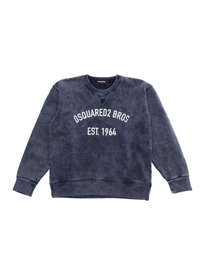 Dark Blue Cotton Crewneck Sweatshirt with Printed Logo on the Front for Kids Blu Sweatshirts