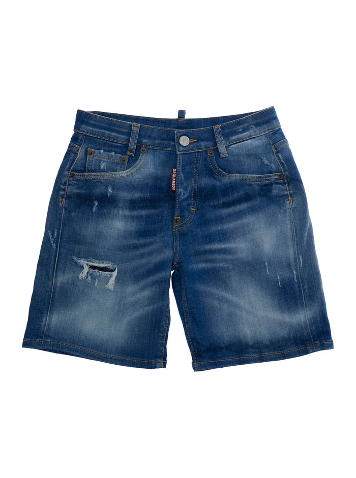 Blue Shorts with Ripped Details and Logo Patch on the Back in Denim Kids Blu Cotton Elastane Bermuda