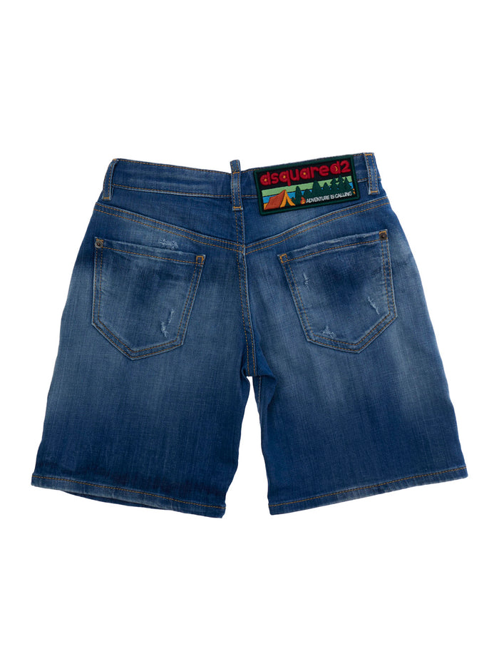 Blue Shorts with Ripped Details and Logo Patch on the Back in Denim Kids Blu Cotton Elastane Bermuda