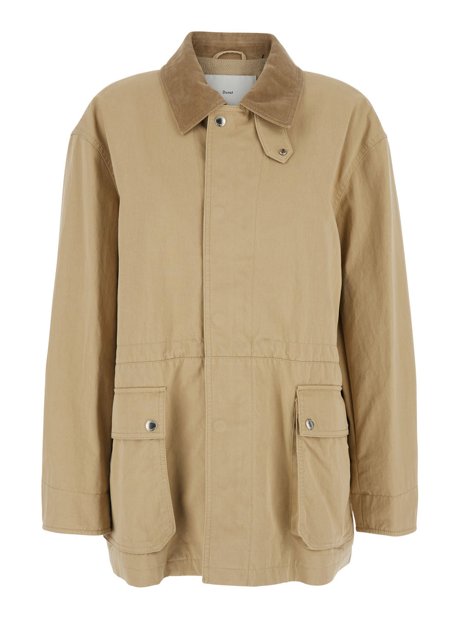 Jacket Ribbed Collar Beige Cotton Coat