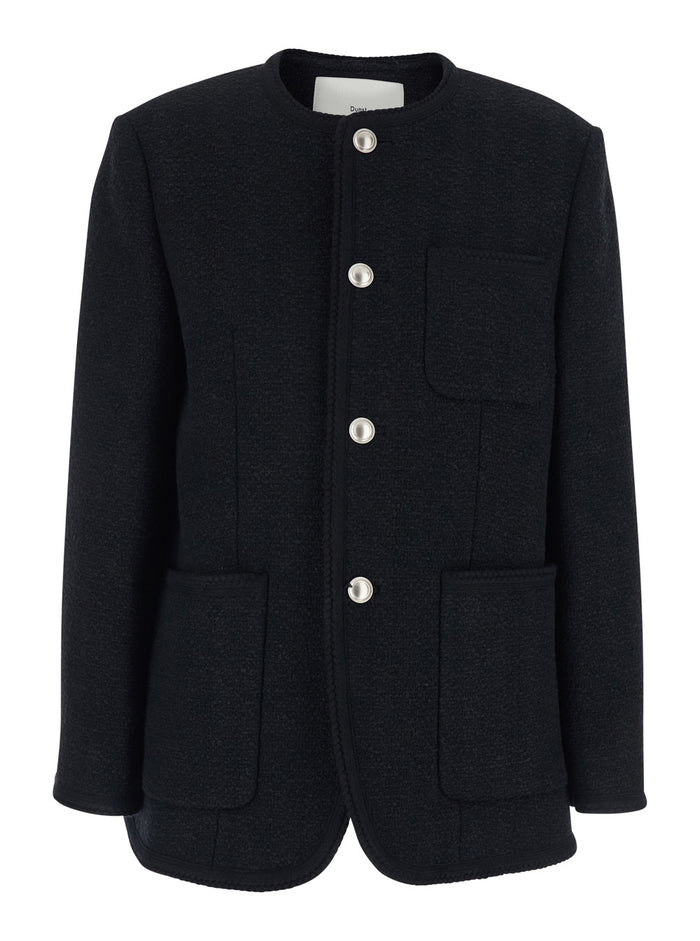 Crew Neck Jacket with Three Front Pockets in Black Cotton Blend for Women Blazers