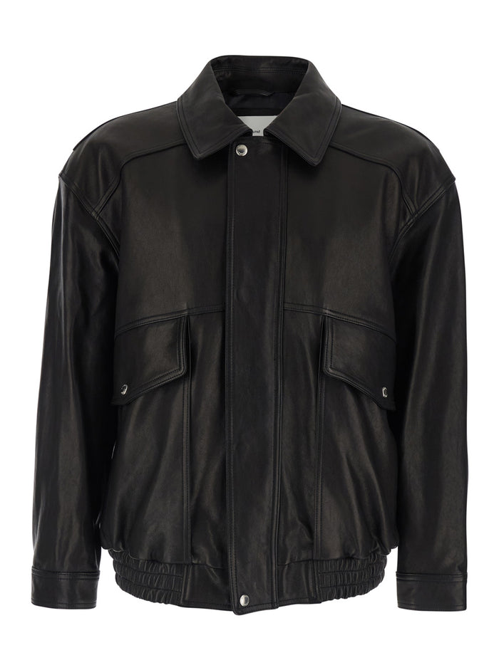 Jacket UDJU6A103BK with Classic Collar and Two Front Pockets in Black Leather for Men Lamb Outerwear